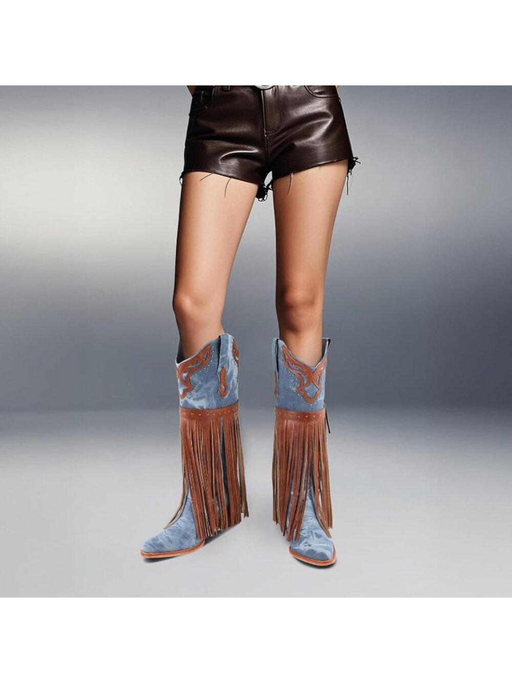 Women's Blue Faux Leather Fringe Western Cowgirl Boots Pointed Toe Chunky Heel - Picture 5 of 7